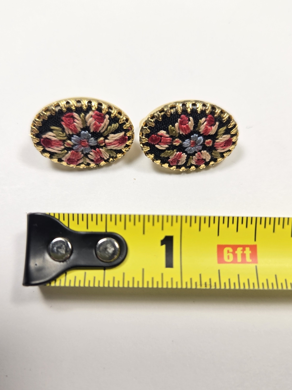 Vintage Petite Point Floral Embroidered Oval Clip On Earrings in Black and Gold - Picture 3 of 9